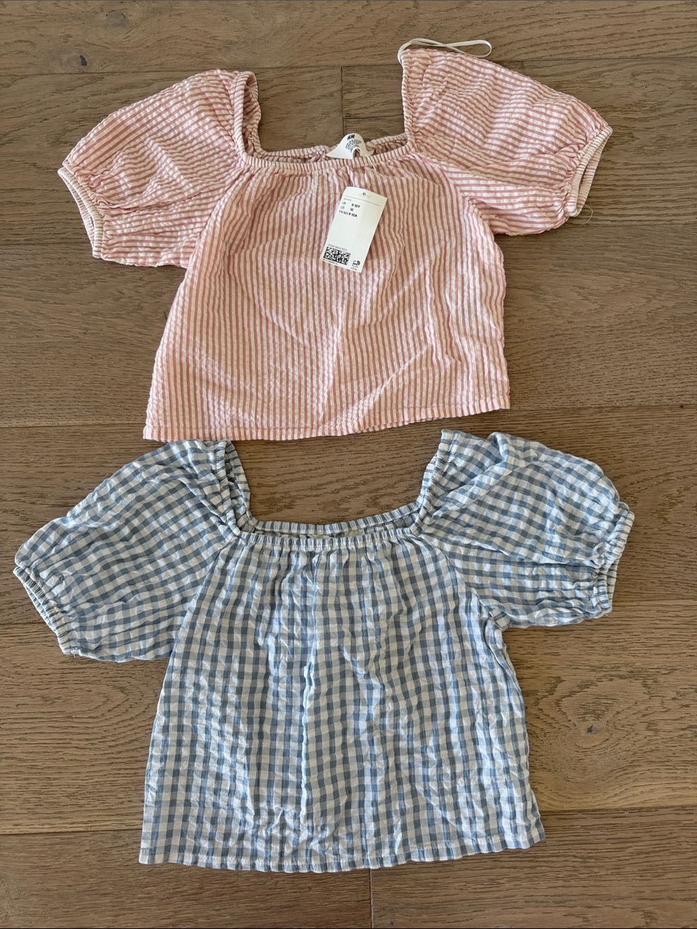 H&M Pink Ribbed Puff-Sleeve Top and Blue Gingham Puff-Sleeve Blouses (2)